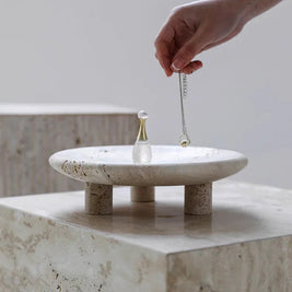 Travertine Footed Tray, Stone Coffee Table Tray with Three Legs, 9.6in
