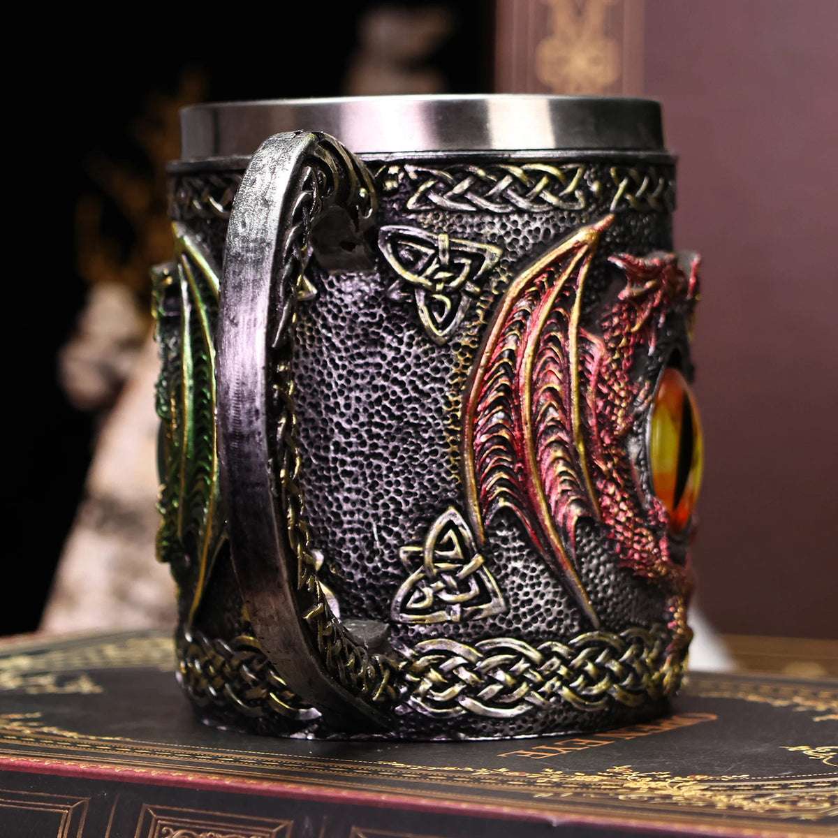 Pack of 3 Medieval Dragon Tankard, Resin Beer Stein with Stainless Steel Liner, Gothic Skull & Dragon Eye Mug, 4 Styles, 15oz, 5.5in