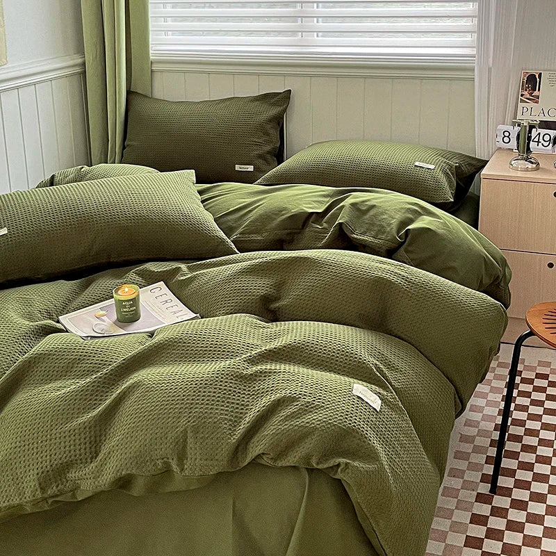 Waffle Weave Bedding Set of 4 with Duvet Cover, Flat Sheet & 2 Pillowcases, 100% Cotton, No Filling, 4 Colors, 2 Sizes