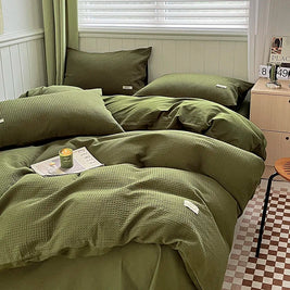 Waffle Weave Bedding Set of 4 with Duvet Cover, Flat Sheet & 2 Pillowcases, 100% Cotton, No Filling, 4 Colors, 2 Sizes