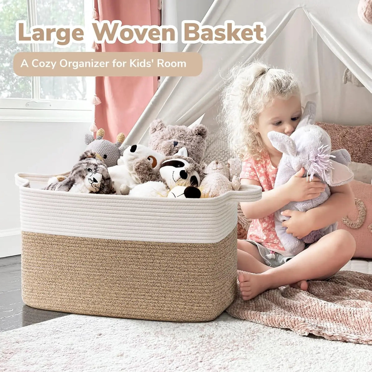 Large Woven Rope Storage Basket with Handles, Laundry, Blanket & Toy Basket, Halloween Candy Bin, 6 Colors, 19 x 13.4in