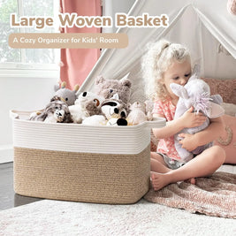 Large Woven Rope Storage Basket with Handles, Laundry, Blanket & Toy Basket, Halloween Candy Bin, 6 Colors, 19 x 13.4in