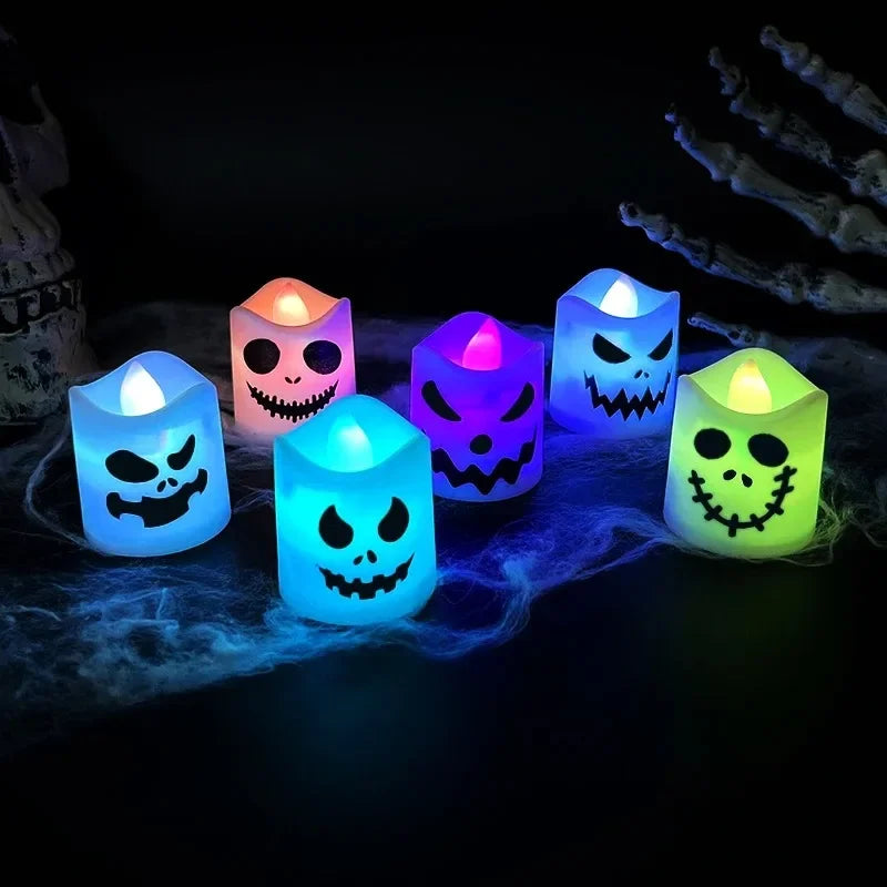 Color Changing LED Tealight Candles, Halloween Flameless Candles with Spooky Ghost Faces, Battery Operated, Set of 6, 1.8in