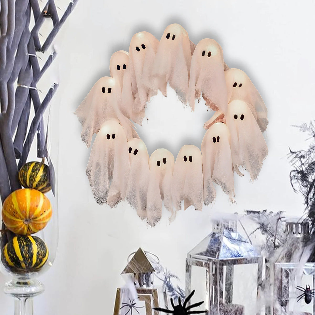 Pack of 3 Light Up Ghost Wreaths, Halloween Front Door Wreath with 12 LED Lights, Battery Operated Spooky Door Decor, 15.7in