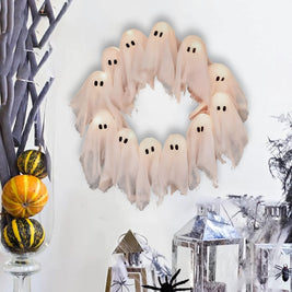 Pack of 3 Light Up Ghost Wreaths, Halloween Front Door Wreath with 12 LED Lights, Battery Operated Spooky Door Decor, 15.7in