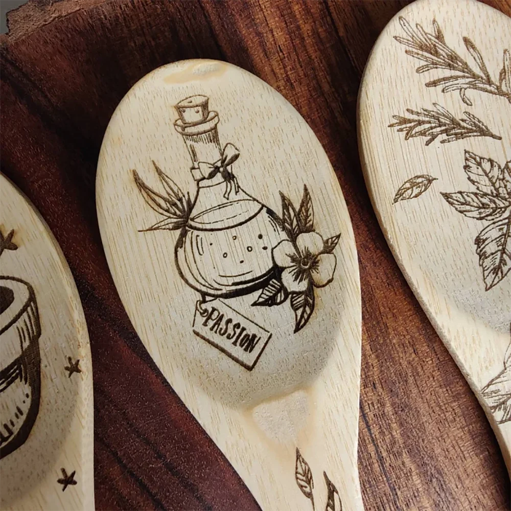 Kitchen Witch Wooden Spoon Set, Engraved Herbs, Potions & Elixirs Spoons, Witchy Halloween Kitchen Decor, Set of 3, 11.8in