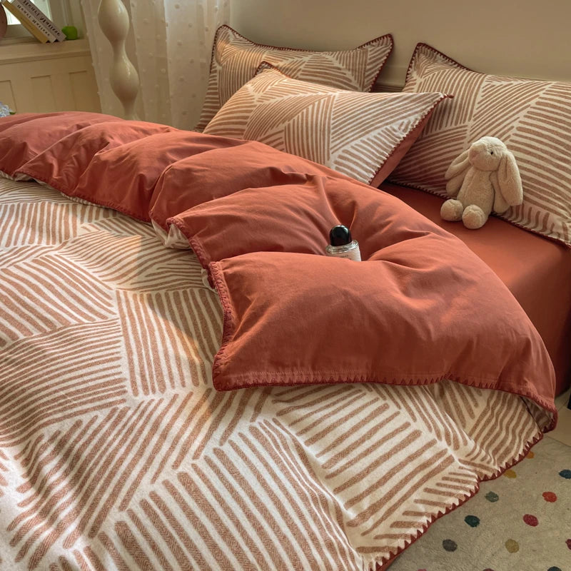 Washed Cotton Bedding Set of 4 with Duvet Cover, Flat Sheet & 2 Pillowcases, 100% Cotton, Brushed Finish, 12 Designs, 3 Sizes