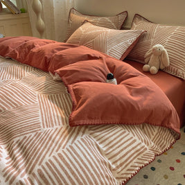 Washed Cotton Bedding Set of 4 with Duvet Cover, Flat Sheet & 2 Pillowcases, 100% Cotton, Brushed Finish, 12 Designs, 3 Sizes