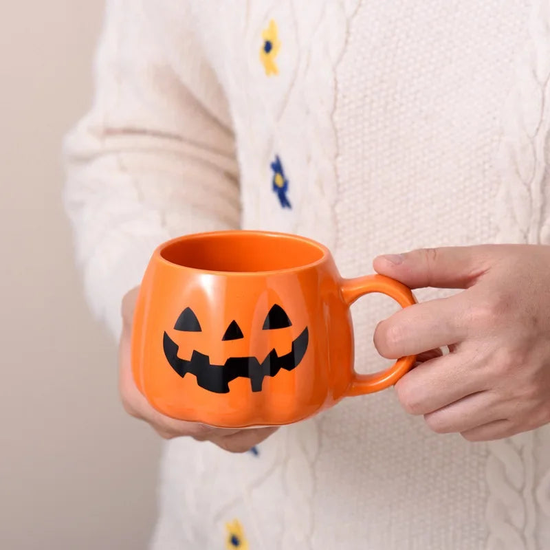 Pack of 3 Pumpkin Mugs, Ceramic Jack-o'-Lantern Coffee Cup for Halloween & Fall, Glossy Orange, Black or Gold Face, 13.5oz, 3.2in