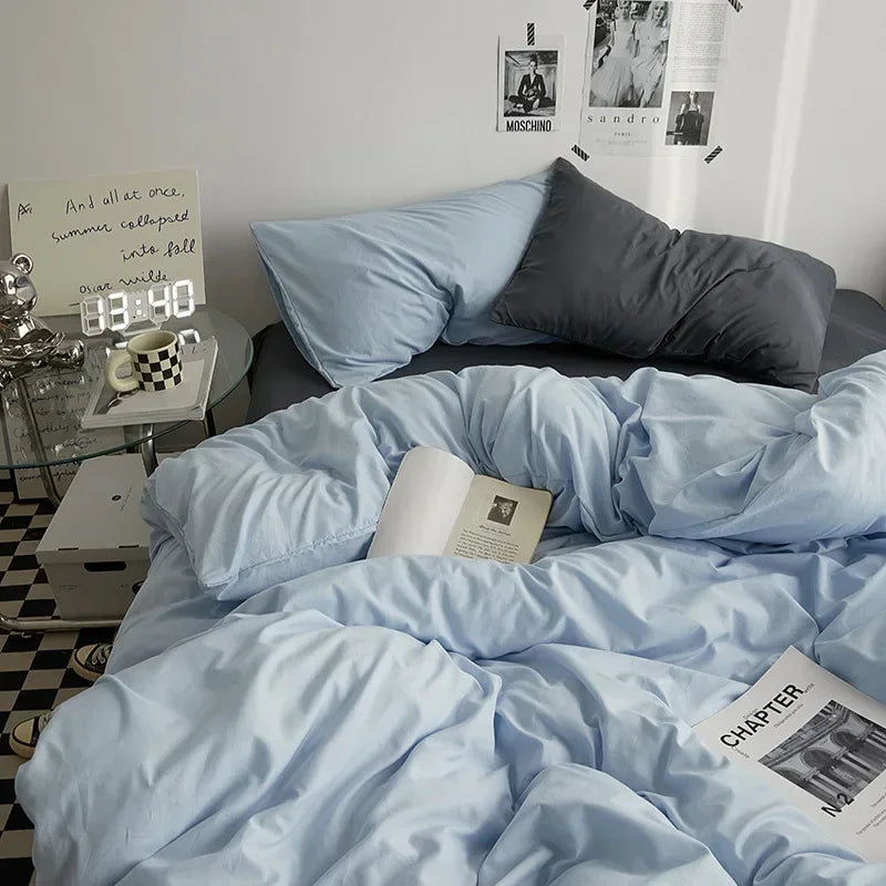 Washed Cotton Bedding Set of 4, Soft Duvet Cover, Sheet & Pillowcases, Solid Color, 14 Colors, 5 Sizes