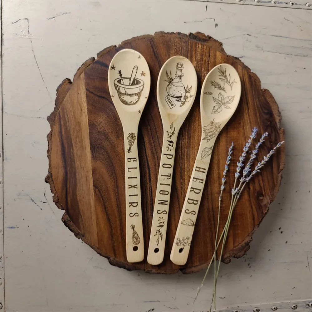 Kitchen Witch Wooden Spoon Set, Engraved Herbs, Potions & Elixirs Spoons, Witchy Halloween Kitchen Decor, Set of 3, 11.8in