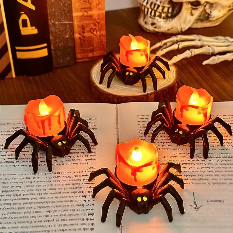 Spider LED Tealight Candles, Halloween Flameless Candles for Table & Haunted House Decor, Black Spider Base, Set of 10, 3.3in