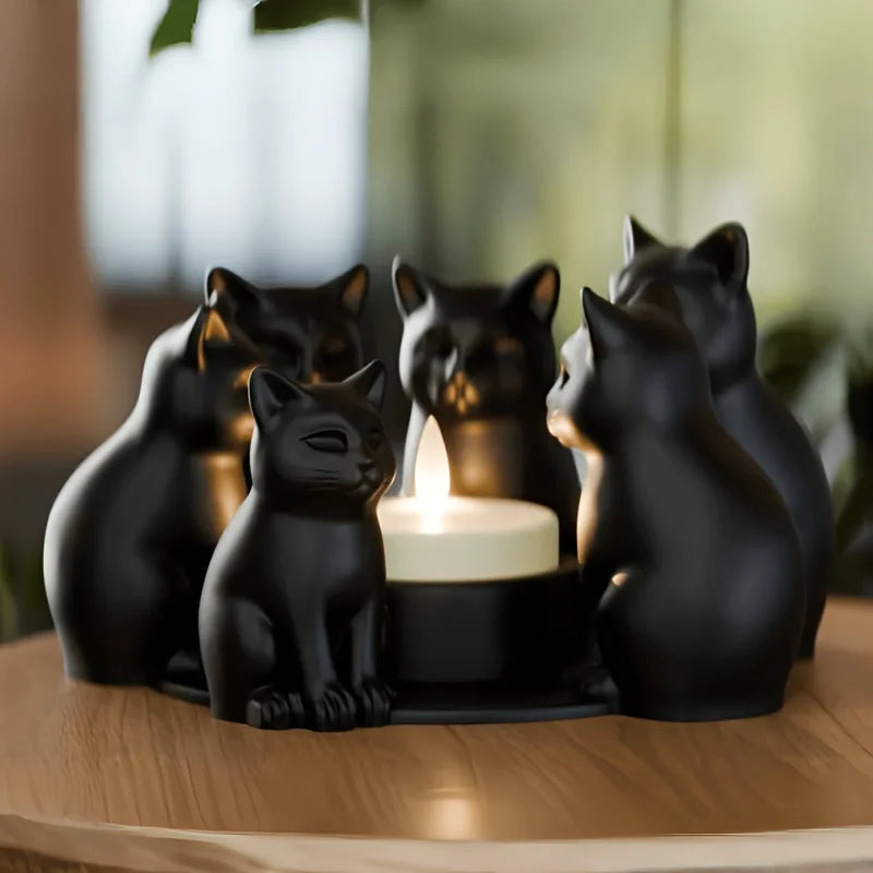 Pack of 3 Black Cat Tealight Holders, Halloween Candle Holder & Table Centerpiece, Ring of Sitting Cats, Matte Black, 5in