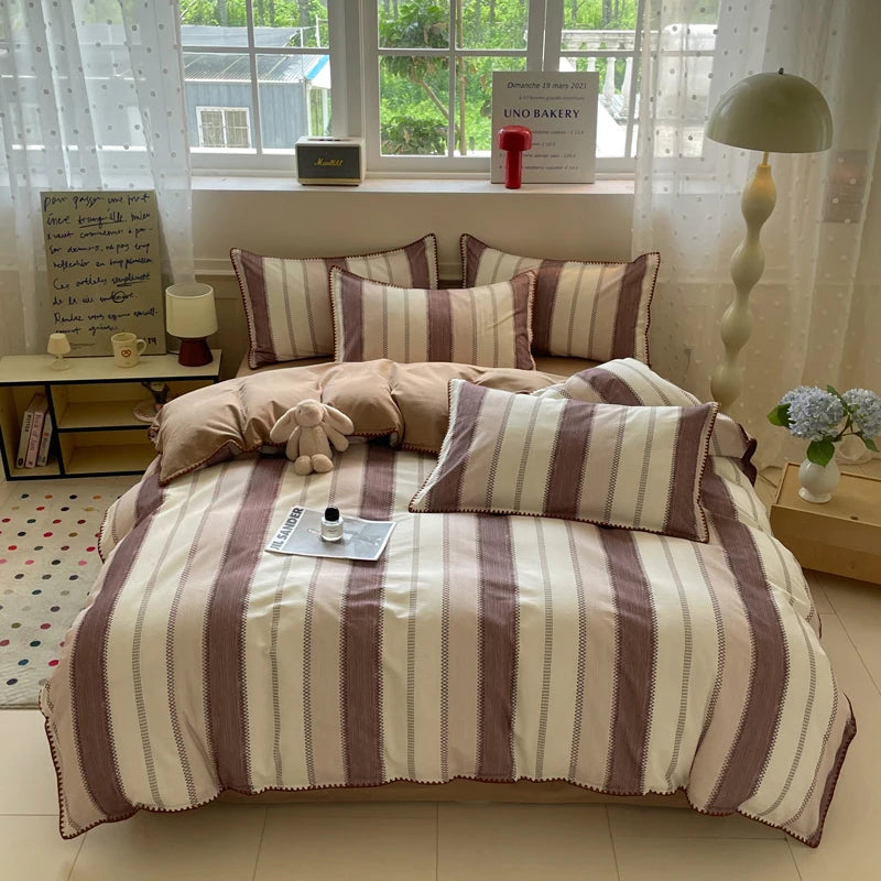Washed Cotton Bedding Set of 4 with Duvet Cover, Flat Sheet & 2 Pillowcases, 100% Cotton, Brushed Finish, 12 Designs, 3 Sizes