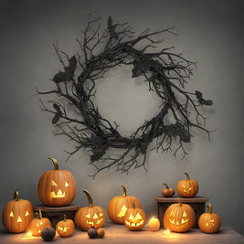 Pack of 4 Halloween Bat Wreaths with LED Lights, Black Branch Front Door Wreath with Bats, Battery Operated, 16.5in