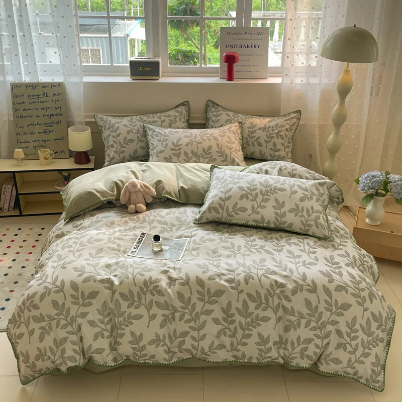 Washed Cotton Bedding Set of 4 with Duvet Cover, Flat Sheet & 2 Pillowcases, 100% Cotton, Brushed Finish, 12 Designs, 3 Sizes