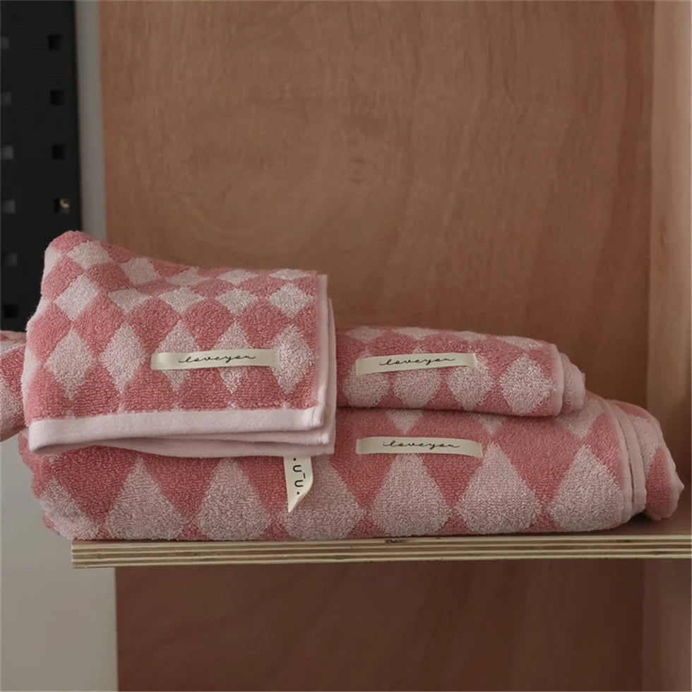 Checkered Jacquard Cotton Towel, Soft Absorbent Hand & Hair Towel, Yarn Dyed Pure Cotton, 2 Colors, 14x30in