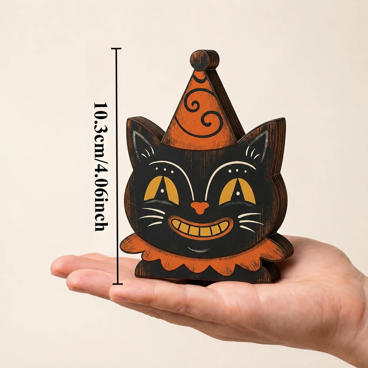 Vintage Halloween Wooden Shelf Sitters, Painted Ghost, Pumpkin, Black Cat, Owl & Skeleton Figures, Set of 6, 4in