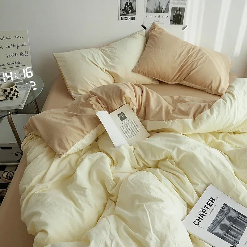 Washed Cotton Bedding Set of 4, Soft Duvet Cover, Sheet & Pillowcases, Solid Color, 14 Colors, 5 Sizes