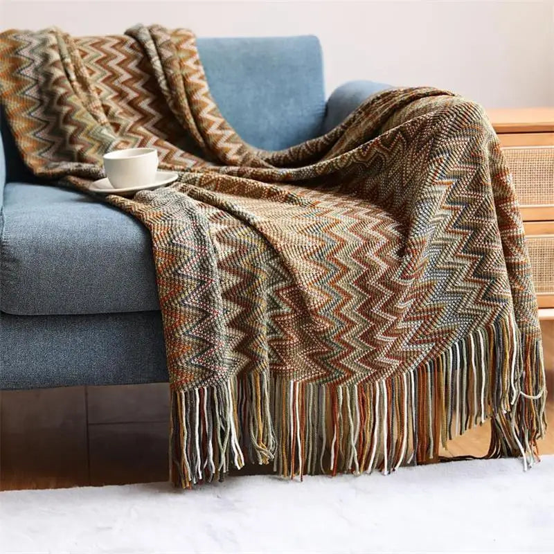 Hand Knitted Blanket with Tassels, Breathable Bohemian Sofa & Bed Throw, 100% Acrylic, 2 Sizes