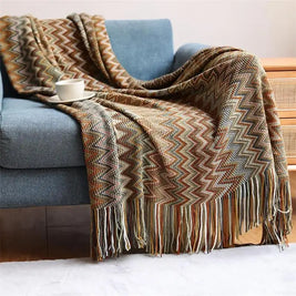 Hand Knitted Blanket with Tassels, Breathable Bohemian Sofa & Bed Throw, 100% Acrylic, 2 Sizes