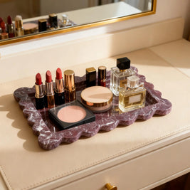Scalloped Ceramic Vanity Tray, Purple Marble Look Perfume Tray, 9.8-11.8in