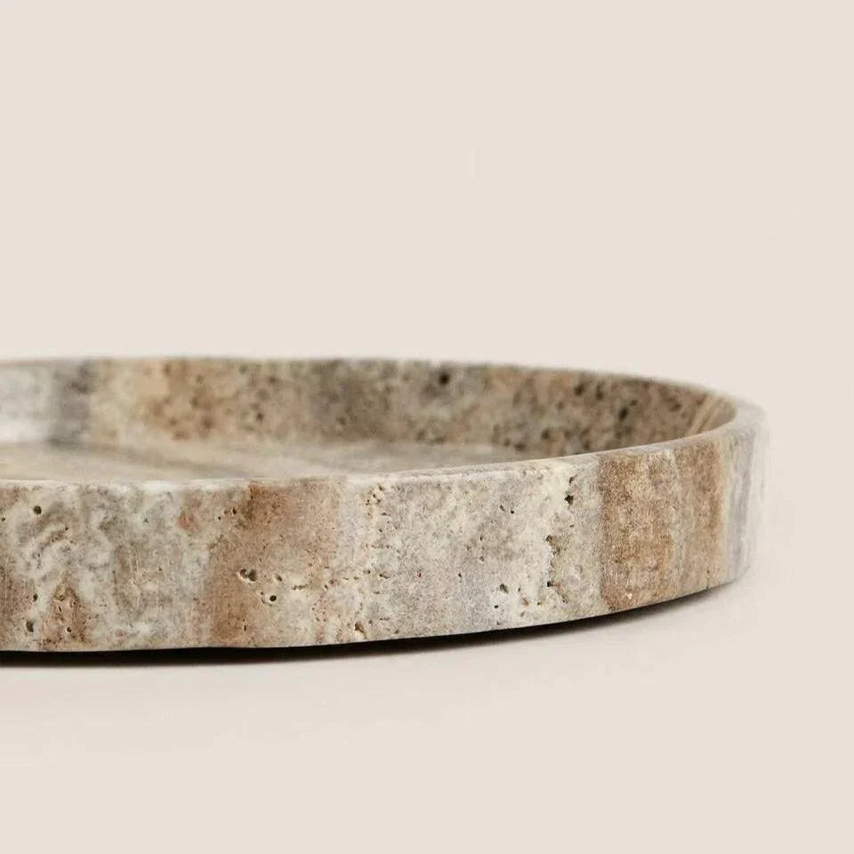 Travertine Round Tray, Stone Coffee Table Tray & Vanity Catchall, 7.9-9.8in
