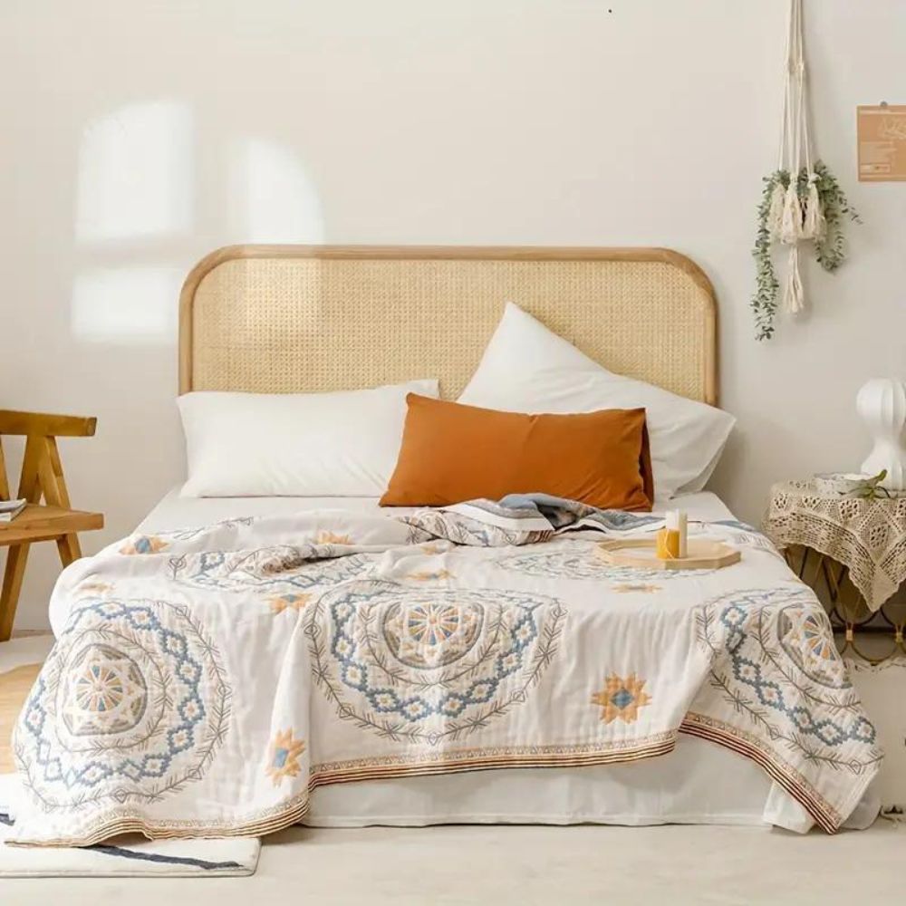 100% Cotton Gauze Throw Blanket with Mandala Print, Lightweight Boho Bed Coverlet & Sofa Throw, Dusty Blue & Ochre, 2 Sizes