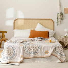 100% Cotton Gauze Throw Blanket with Mandala Print, Lightweight Boho Bed Coverlet & Sofa Throw, Dusty Blue & Ochre, 2 Sizes