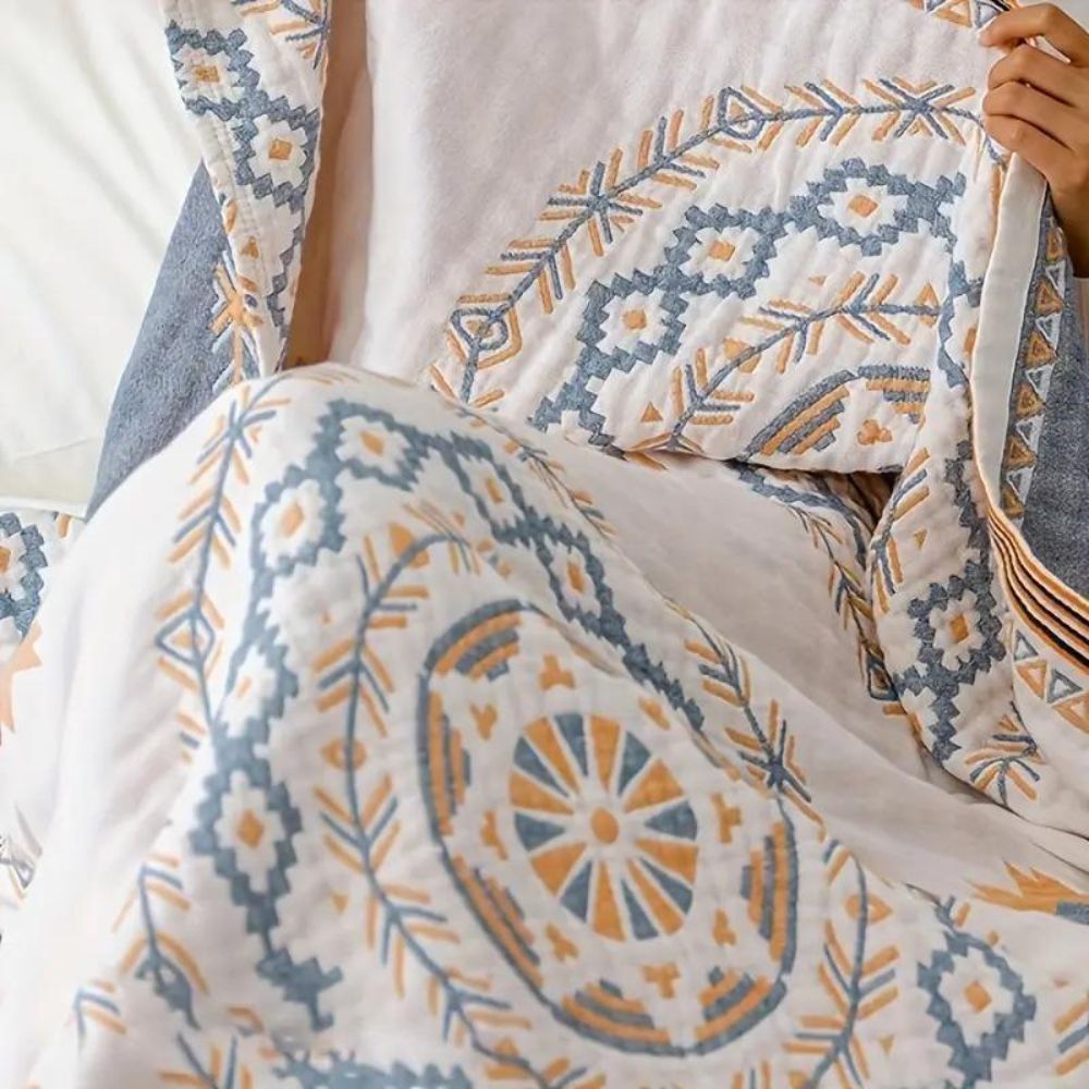 100% Cotton Gauze Throw Blanket with Mandala Print, Lightweight Boho Bed Coverlet & Sofa Throw, Dusty Blue & Ochre, 2 Sizes