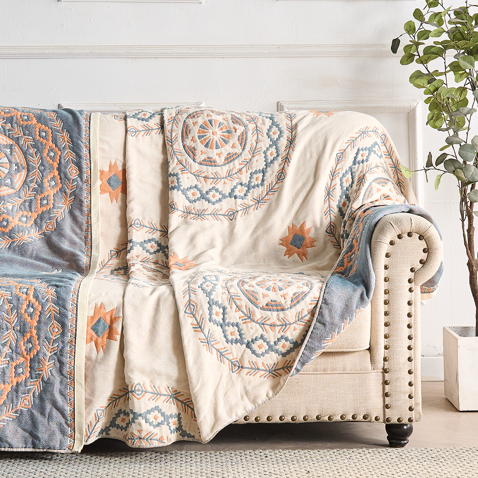 100% Cotton Gauze Throw Blanket with Mandala Print, Lightweight Boho Bed Coverlet & Sofa Throw, Dusty Blue & Ochre, 2 Sizes