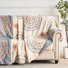 100% Cotton Gauze Throw Blanket with Mandala Print, Lightweight Boho Bed Coverlet & Sofa Throw, Dusty Blue & Ochre, 2 Sizes