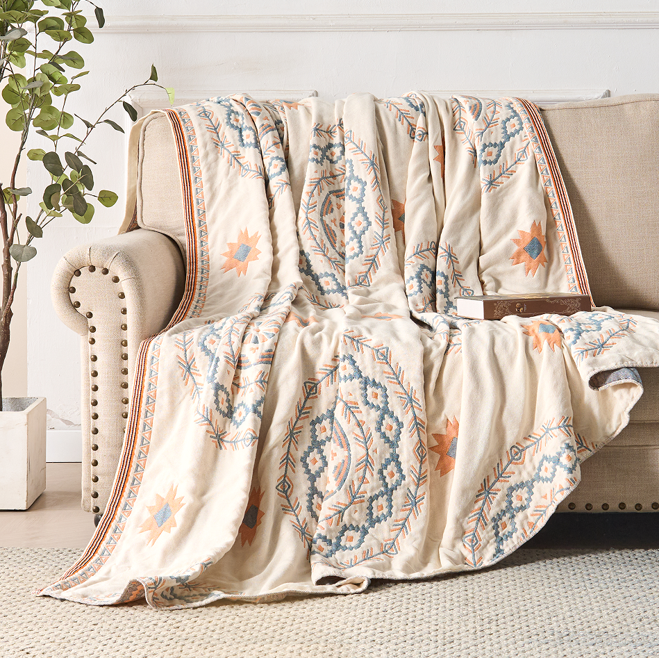 100% Cotton Gauze Throw Blanket with Mandala Print, Lightweight Boho Bed Coverlet & Sofa Throw, Dusty Blue & Ochre, 2 Sizes