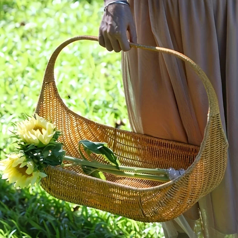 Rattan-Look Woven Basket with Handle, Trick-or-Treat Candy Basket, Picnic & Flower Basket, Natural Tan, 14.5in