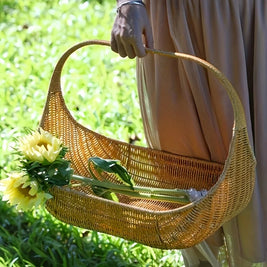 Rattan-Look Woven Basket with Handle, Trick-or-Treat Candy Basket, Picnic & Flower Basket, Natural Tan, 14.5in