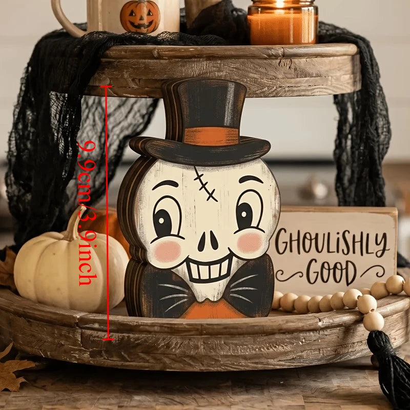 Vintage Halloween Wooden Shelf Sitters, Painted Ghost, Pumpkin, Black Cat, Owl & Skeleton Figures, Set of 6, 4in