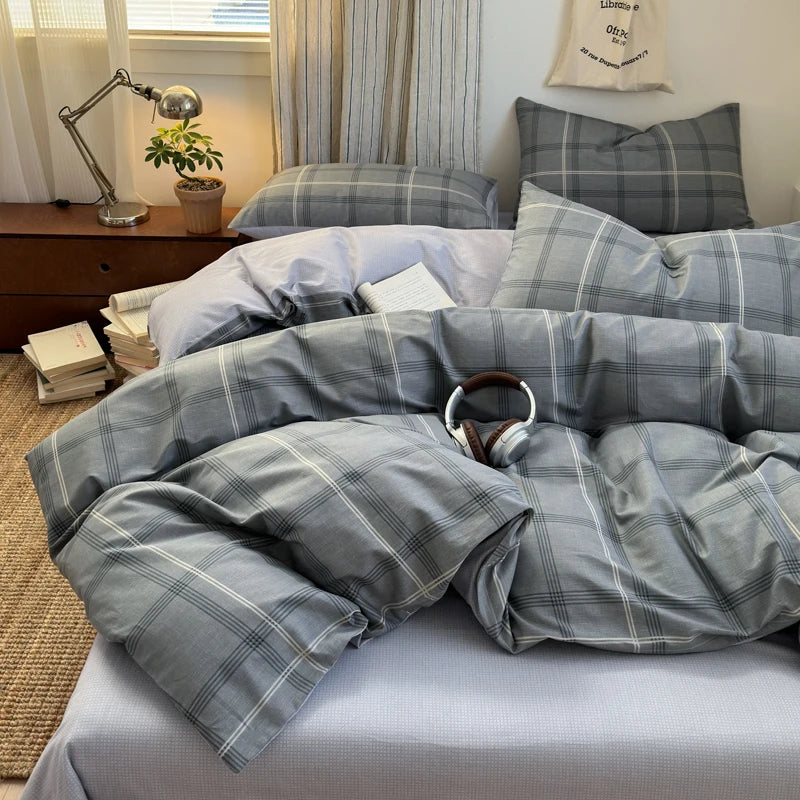 Checked & Plaid Duvet Cover Set with 2 Pillowcases, 100% Cotton Twill, 200 Thread Count, No Filling, 8 Designs, 4 Sizes