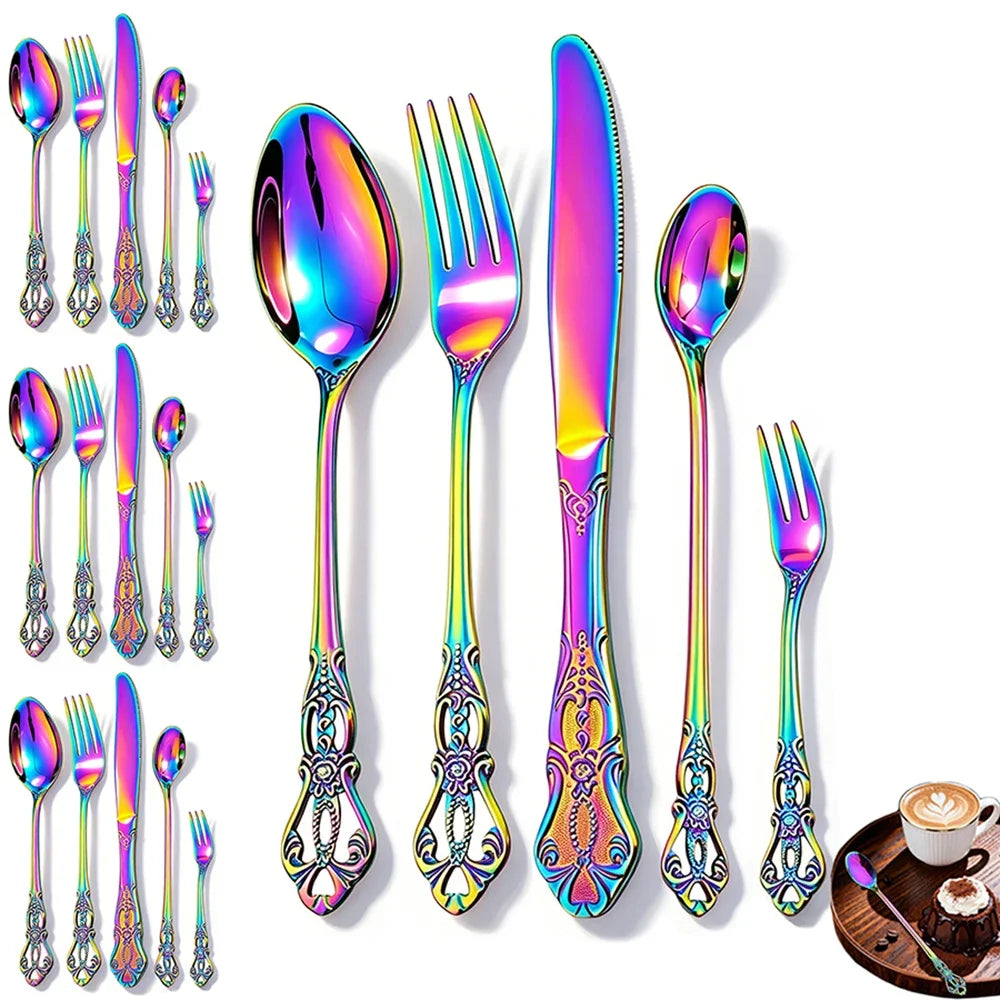 Vintage Baroque Flatware Set, 20-Piece Stainless Steel Cutlery for 4, Ornate Scroll Handles, Black, Gold, Silver & More