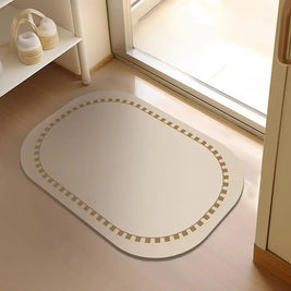 Oval Bath Mat with Geometric Line Pattern, Neutral Shower Room & Bathroom Rug, Non Slip Quick Dry, 4 Styles, 20x31in