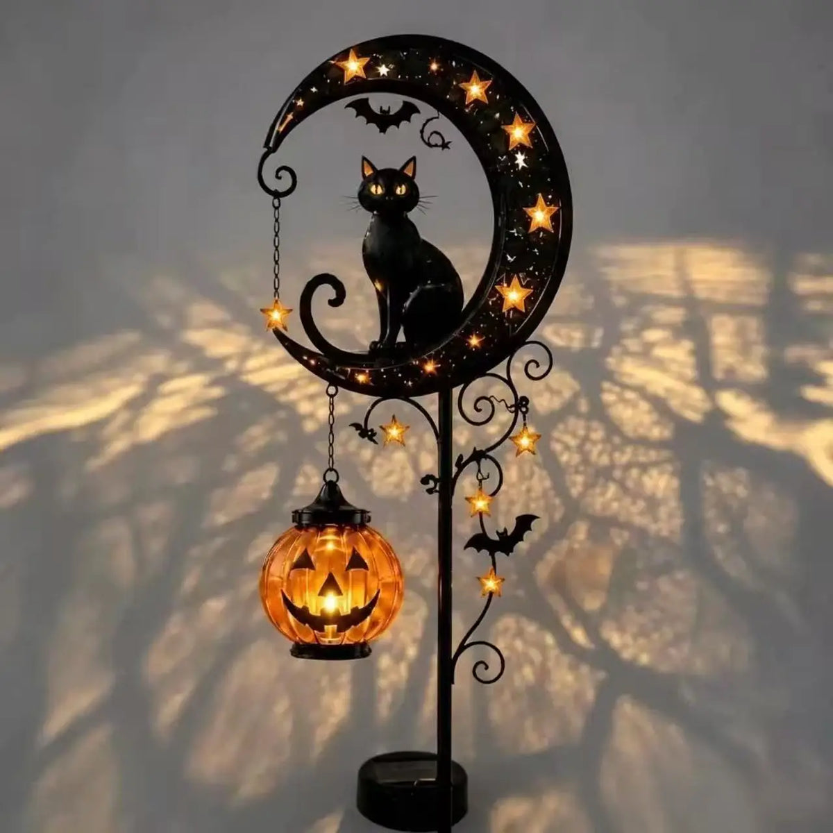 Solar Halloween Garden Stake Light, Black Cat & Crescent Moon with Pumpkin Lantern, Wrought Iron Yard Decor, 3 Styles, 33.5in