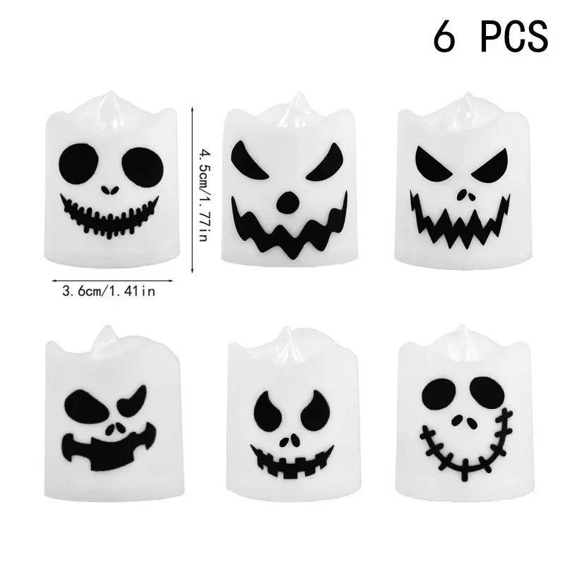 Color Changing LED Tealight Candles, Halloween Flameless Candles with Spooky Ghost Faces, Battery Operated, Set of 6, 1.8in