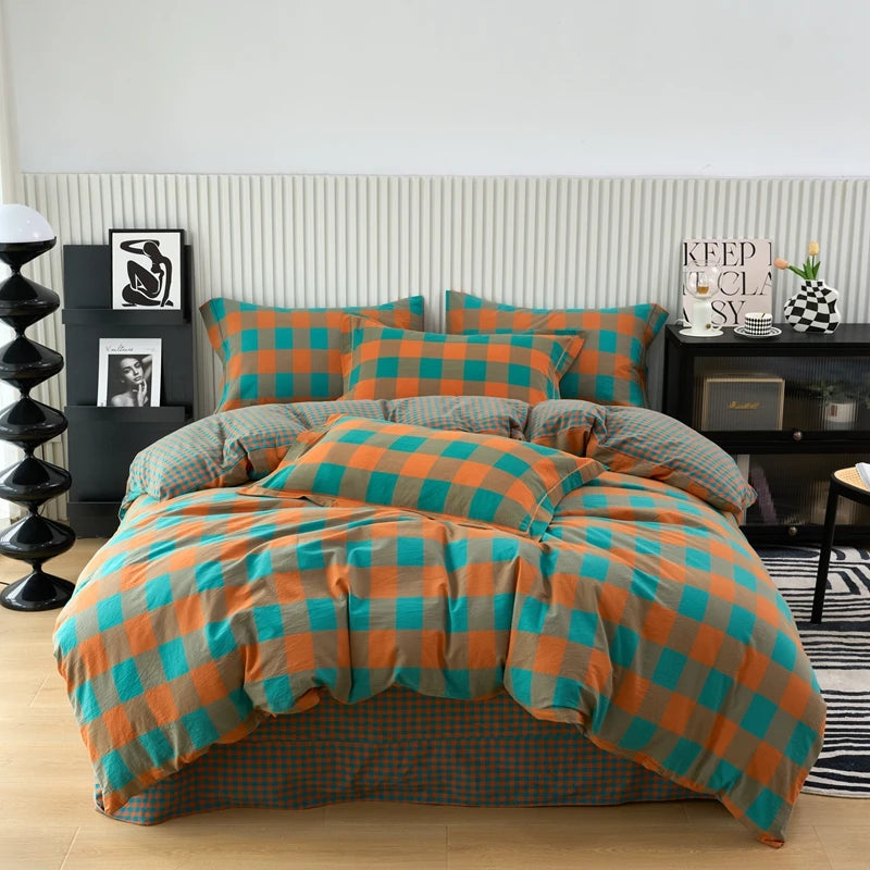 Plaid & Gingham Duvet Cover Set with 2 Pillowcases, 100% Cotton Bedding, 200 Thread Count, No Filling, 16 Colors, 4 Sizes