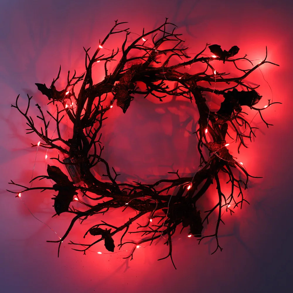 Pack of 4 Halloween Bat Wreaths with LED Lights, Black Branch Front Door Wreath with Bats, Battery Operated, 16.5in