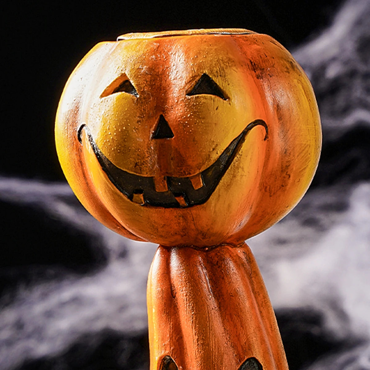 Pack of 5 Stacked Pumpkin Candlestick, Halloween Taper Candle Holder for Mantel & Table, Jack-o'-Lantern Faces, Resin, 6.9in