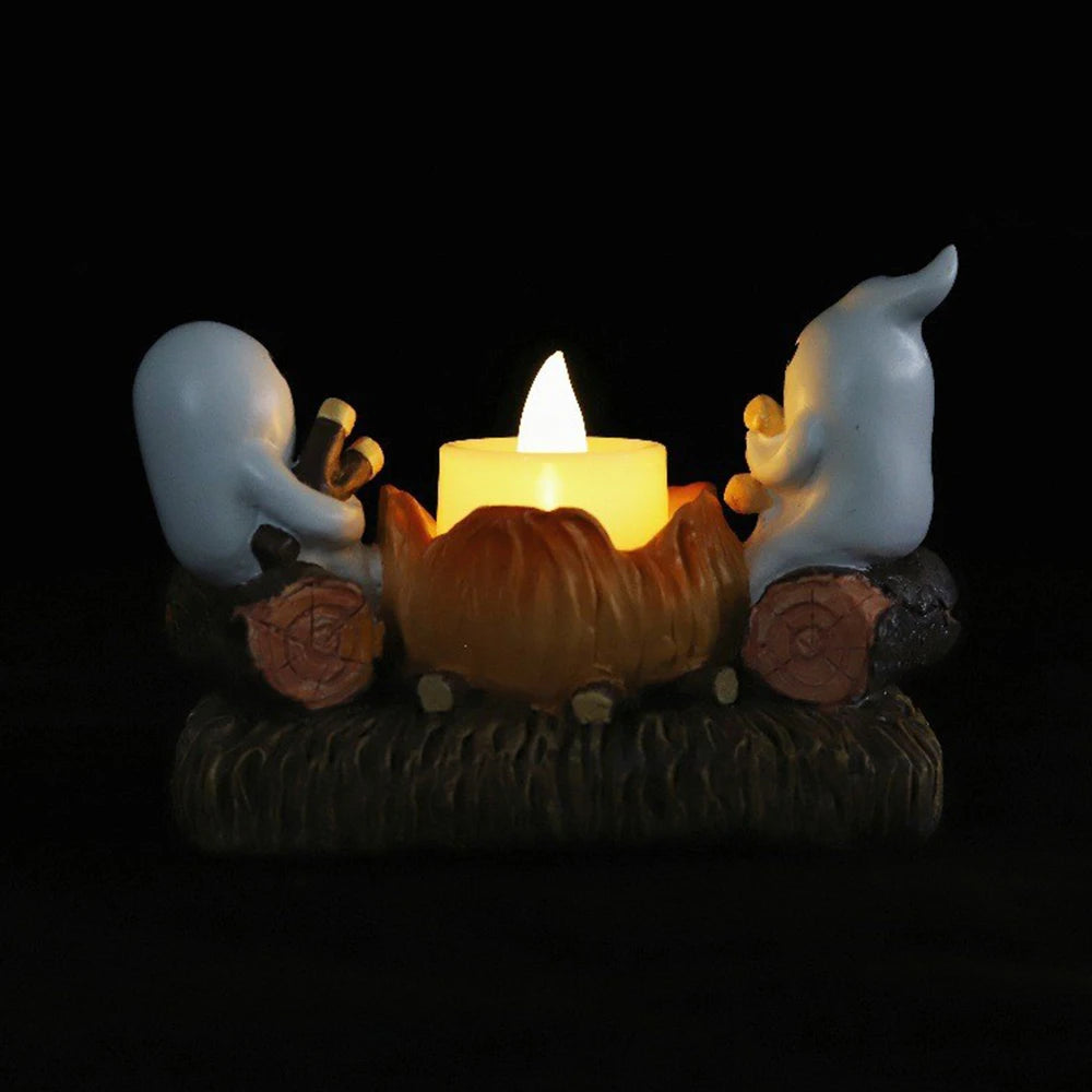 Pack of 3 Ghost Campfire Tealight Holders, Cute Halloween Candle Holder for Shelf & Table, Two Ghosts Roasting Marshmallows, Ceramic, 4.7in
