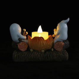 Pack of 3 Ghost Campfire Tealight Holders, Cute Halloween Candle Holder for Shelf & Table, Two Ghosts Roasting Marshmallows, Ceramic, 4.7in