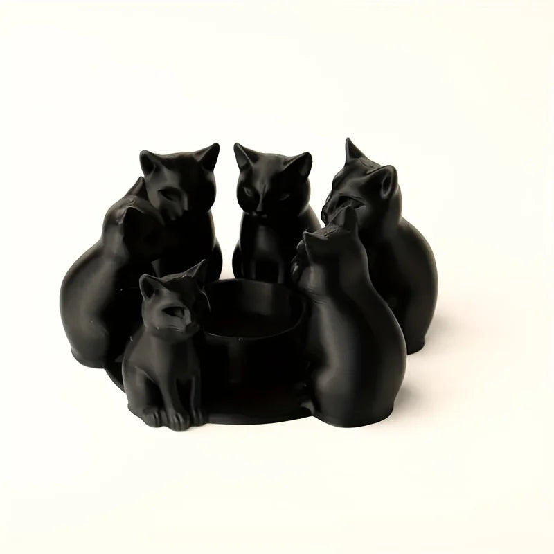 Pack of 3 Black Cat Tealight Holders, Halloween Candle Holder & Table Centerpiece, Ring of Sitting Cats, Matte Black, 5in
