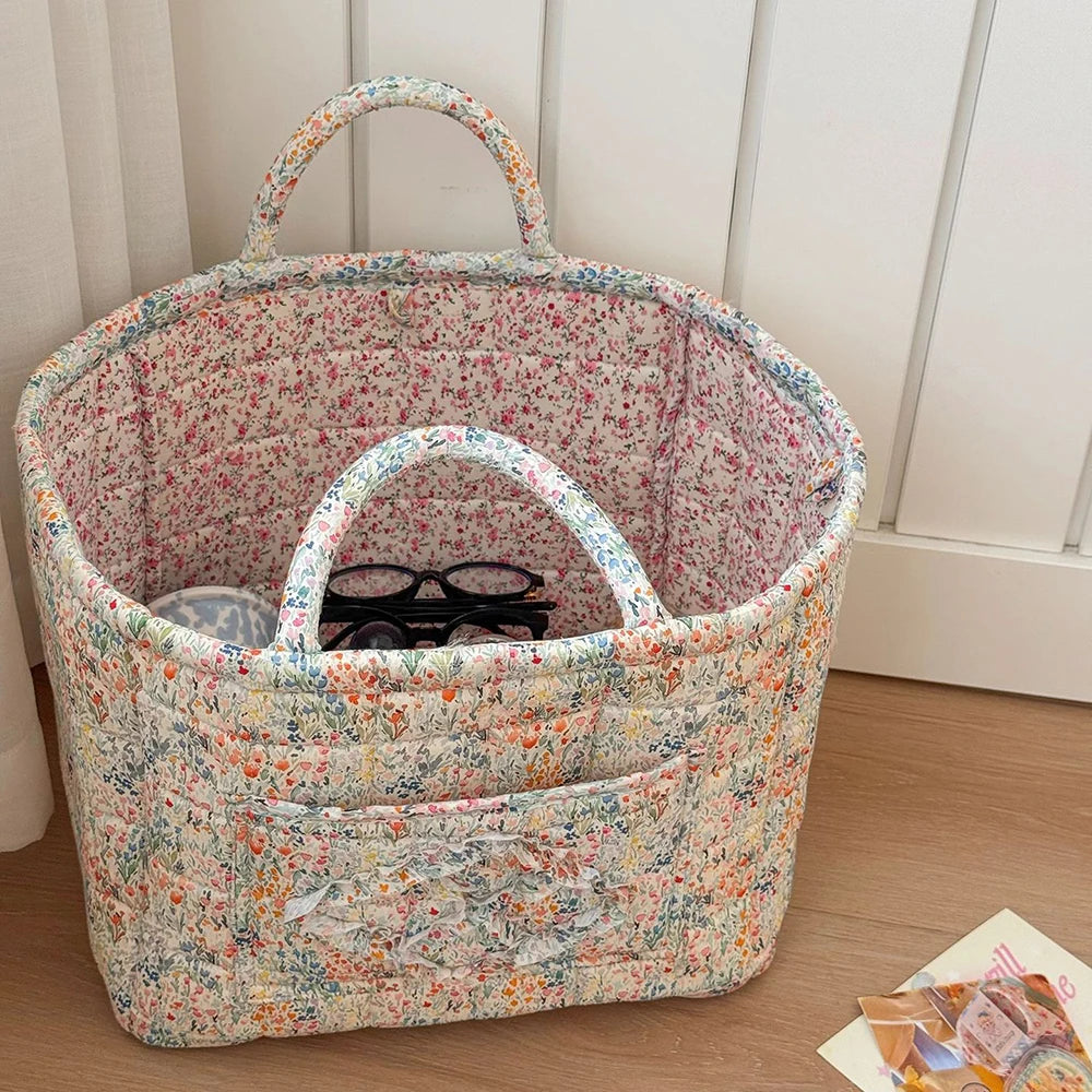Quilted Cotton Storage Basket with Handles, Floral Tote Basket for Halloween Candy, Toys & Blankets, 9 Patterns, 12.6in