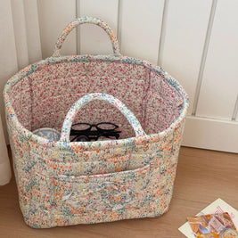 Quilted Cotton Storage Basket with Handles, Floral Tote Basket for Halloween Candy, Toys & Blankets, 9 Patterns, 12.6in