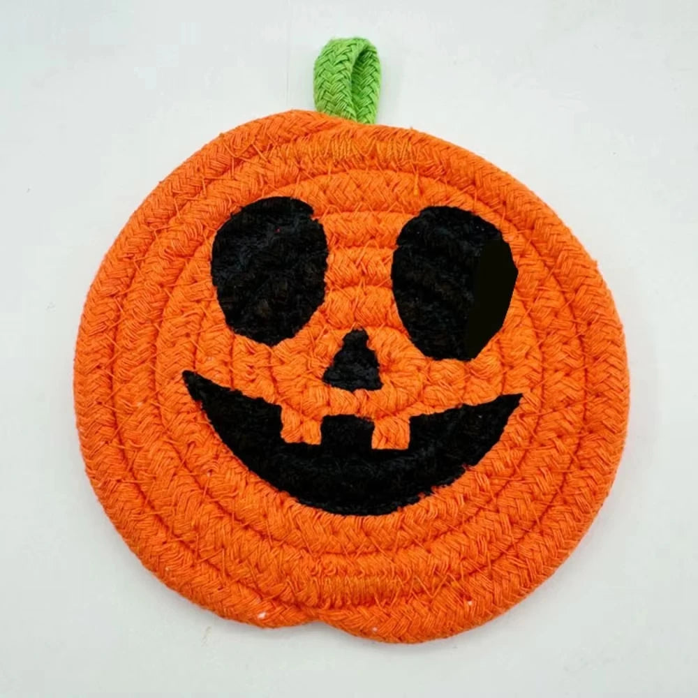 Halloween Coasters, Handwoven Cotton Pumpkin Coasters with Jack-o'-Lantern Faces, Absorbent Drink Coasters, Set of 8